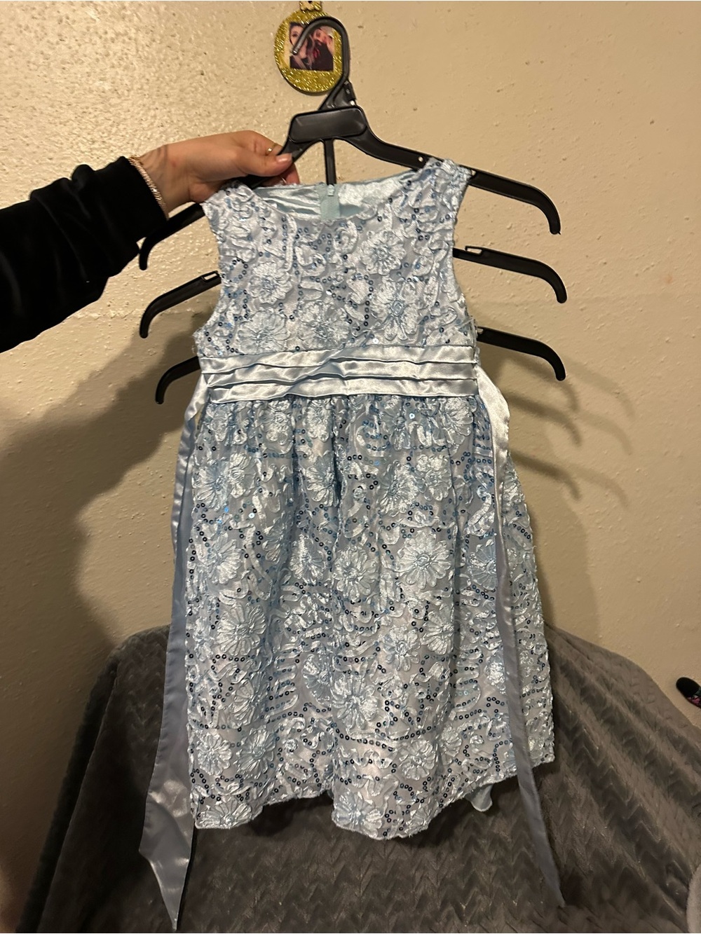 Light Blue Sequin Floral Lace Party Dress for Girls